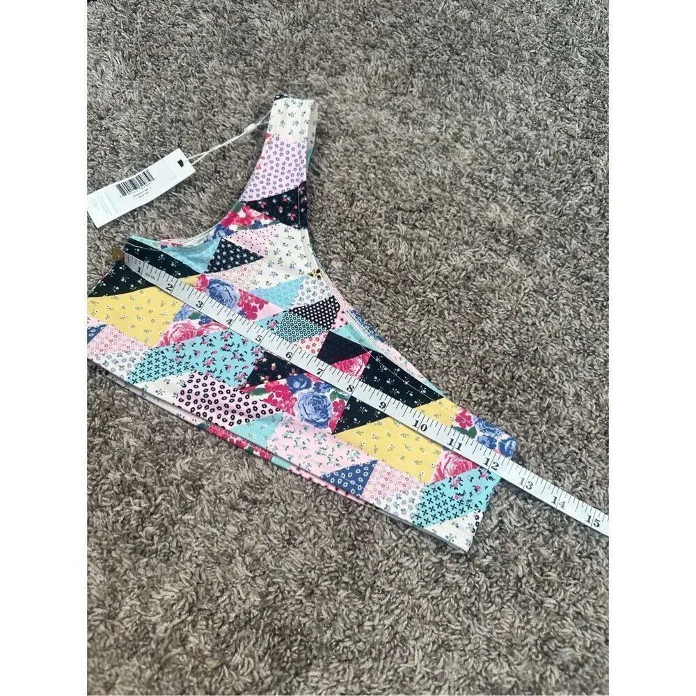 NWT Frankies Bikinis Barb One Shoulder Bikini Top in Patchwork Multi Pattern S